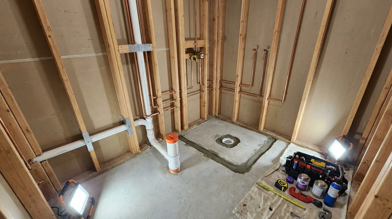Bathroom rough-in plumbing during remodel by Johns Plumbing LLC in Shrewsbury