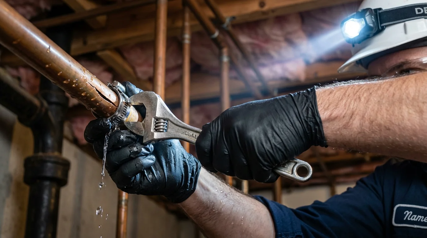 Emergency pipe clamp repair being performed by a Johns Plumbing LLC plumber in Shrewsbury