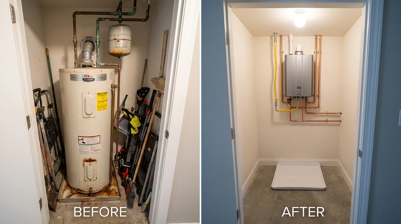 Tank water heater versus wall-mounted tankless unit comparison for Shrewsbury, MA homeowners