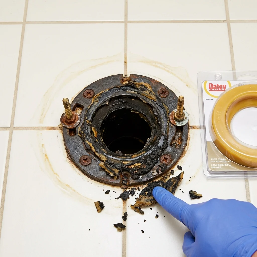 Failed wax ring showing water seepage at the base of a toilet in a Shrewsbury, MA home