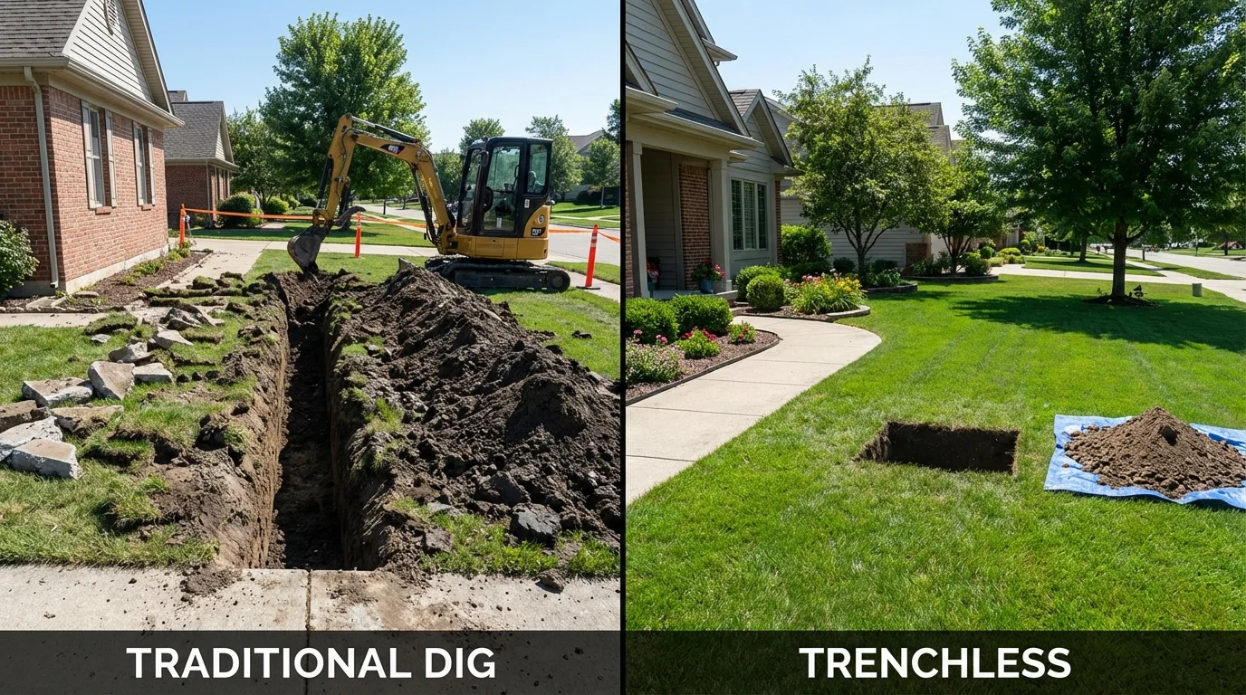 Trenchless sewer repair with minimal yard damage versus traditional excavation in Shrewsbury, MA