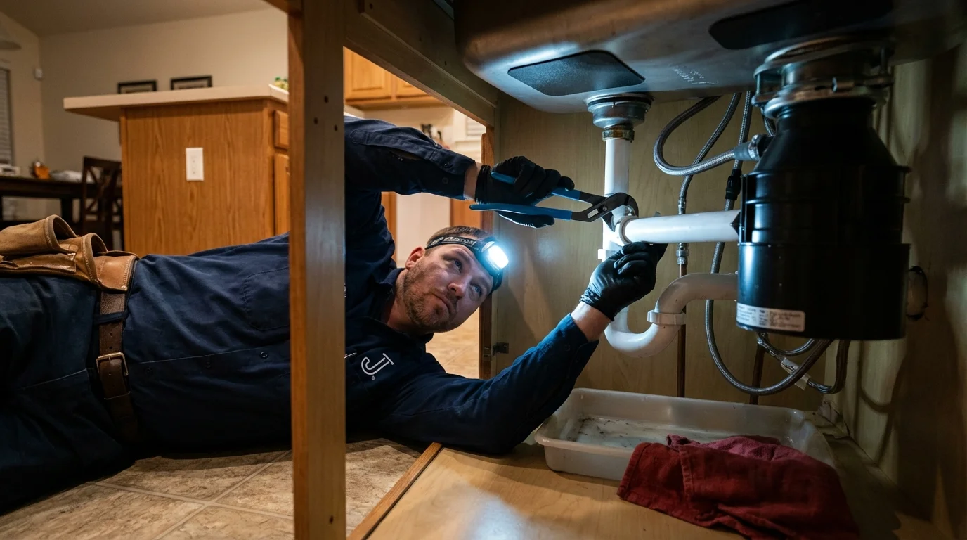 P-trap and supply line connections under a kitchen sink showing a common leak point in Shrewsbury, MA